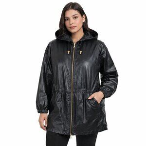 Wilsons Leather Coat Women XL Black Hooded Front Zip Quilted Thinsulate Lining